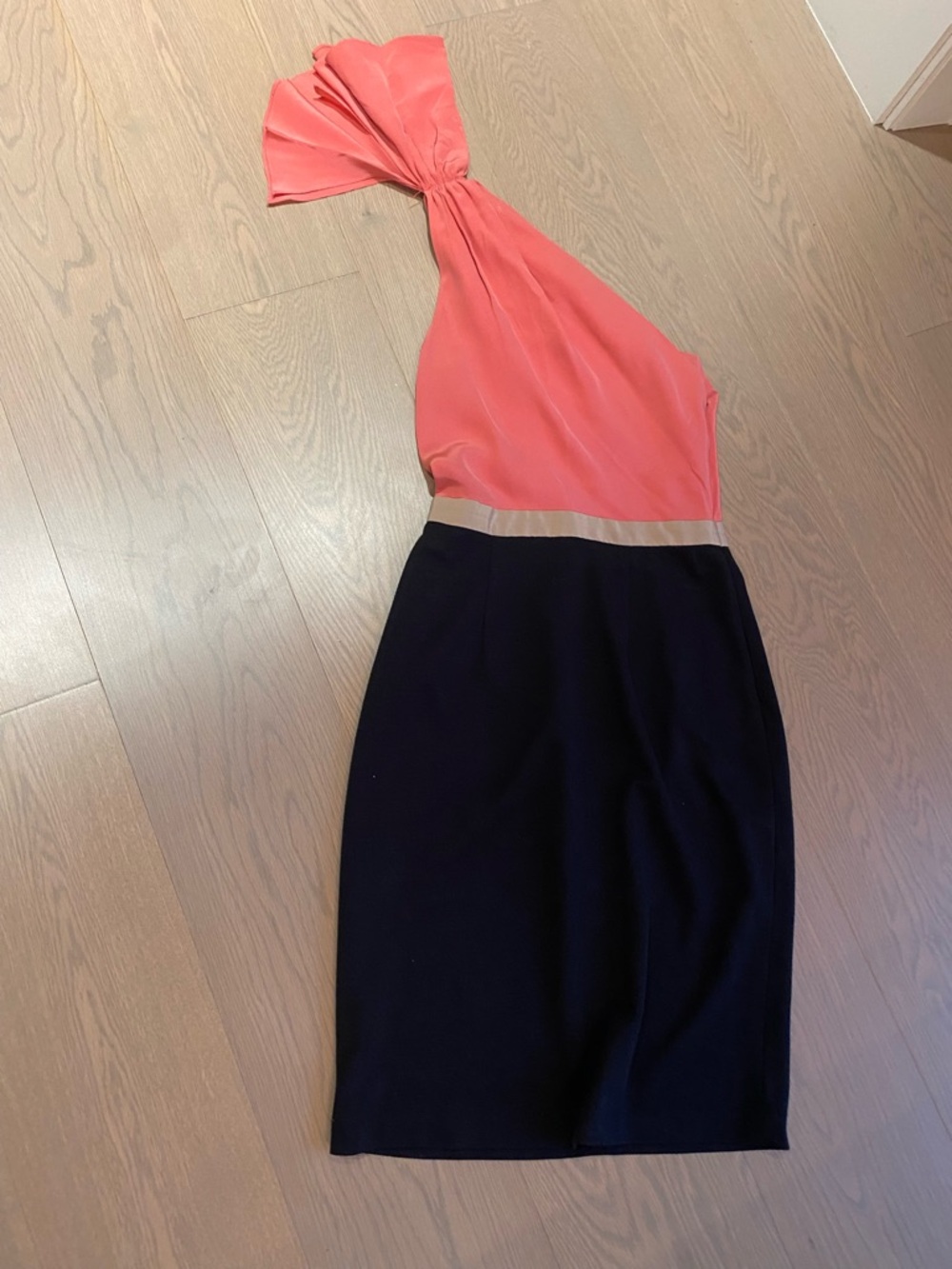 Coral and Black One-Shoulder Colorblock Dress
